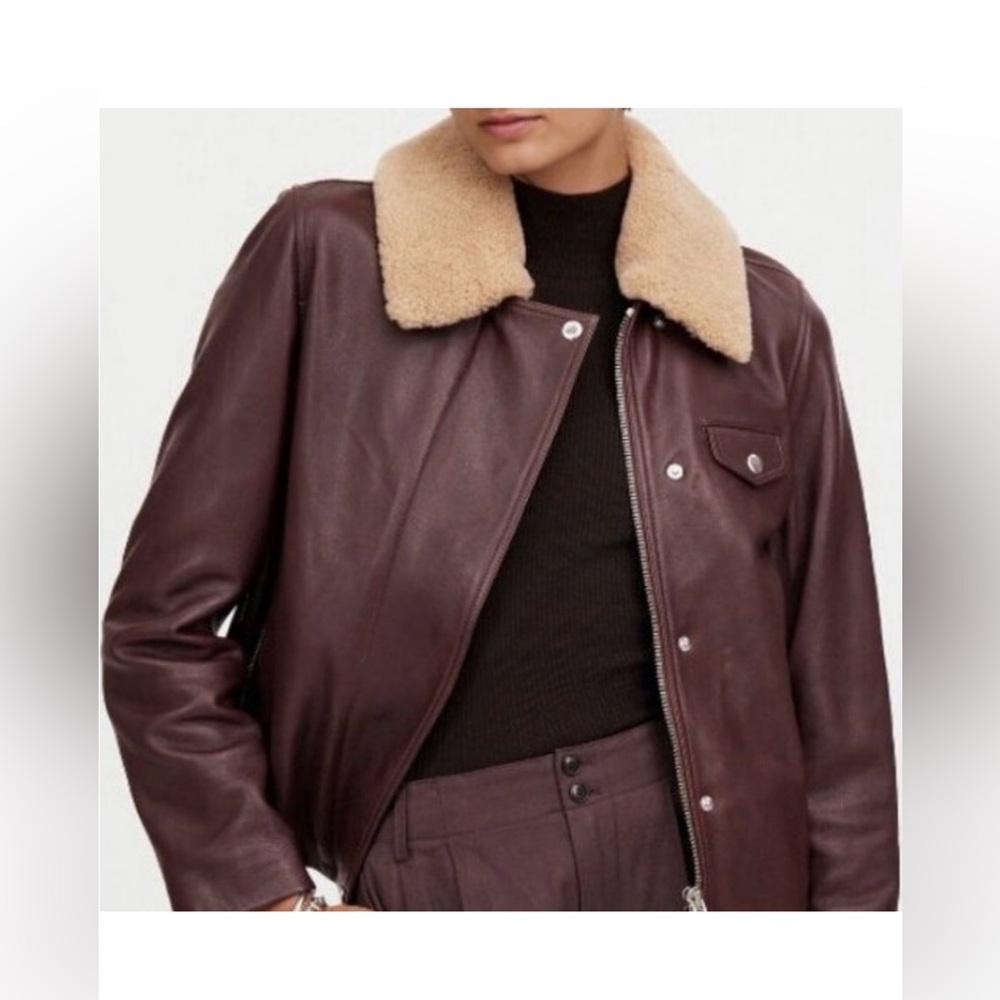 NWT Madewell dark Brown Leather Jacket with detachable Sherpa Collar